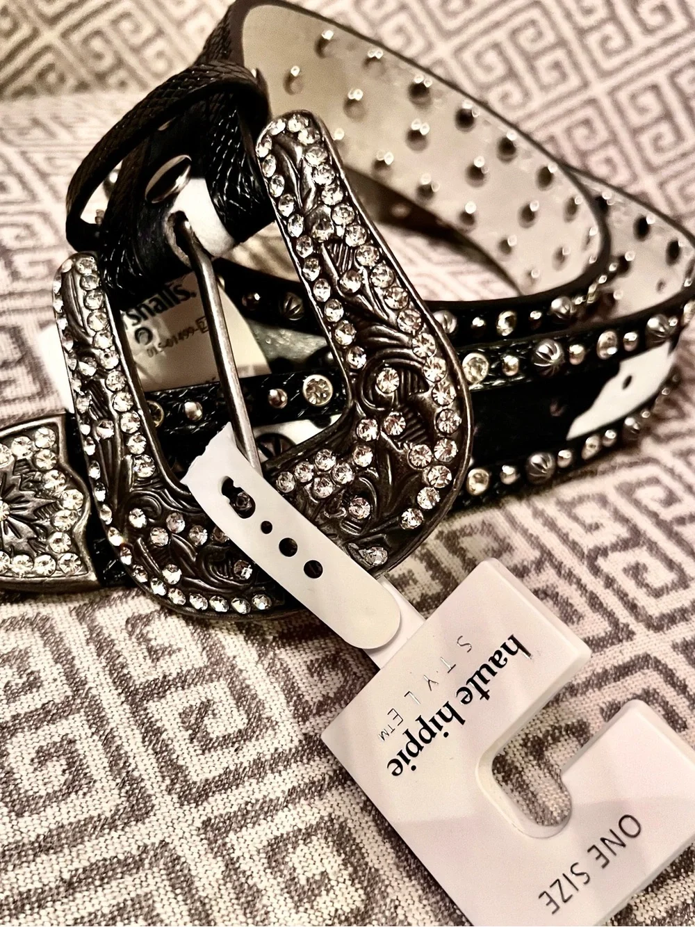 NEW Haute Hippie Black and White Studded Leather Belt with Crystal Buckle.